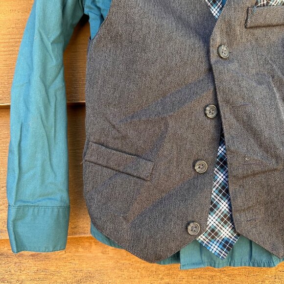 Dockers Boys Blue Shirt Gray Vest & Plaid Clip-On Tie Size 7 - Picture 5 of 11